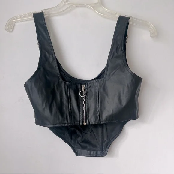Princess Polly Travis Black Faux Leather Cropped Corset Top 2 - Picture 12 of 13